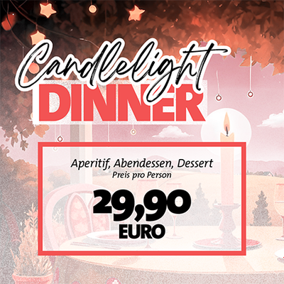 Macht es euch romantisch. Beim Abendessen im Landhaus erwarten euch ein Glas Sekt und ein leckeres Essen mit Dessert am stimmungsvoll geschmückten Tisch. 
