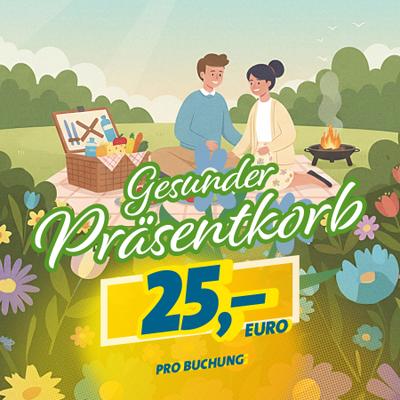 Startet euren Urlaub mit einem gesunden Präsentkorb voller regionaler Leckereien, darunter frisches Obst oder Gemüse sowie ein Smoothie und ein Powerriegel für den kleinen Energieschub zwischendurch. Der Präsentkorb ist zubuchbar vom 10. April bis 10. Mai 2026. 